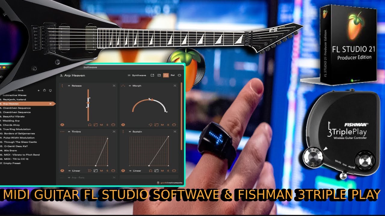 Genki Instruments SOFTWAVE RING linked to FL STUDIO HARMOR linked to FISHMAN 3TRIPLEPLAY midi guitar